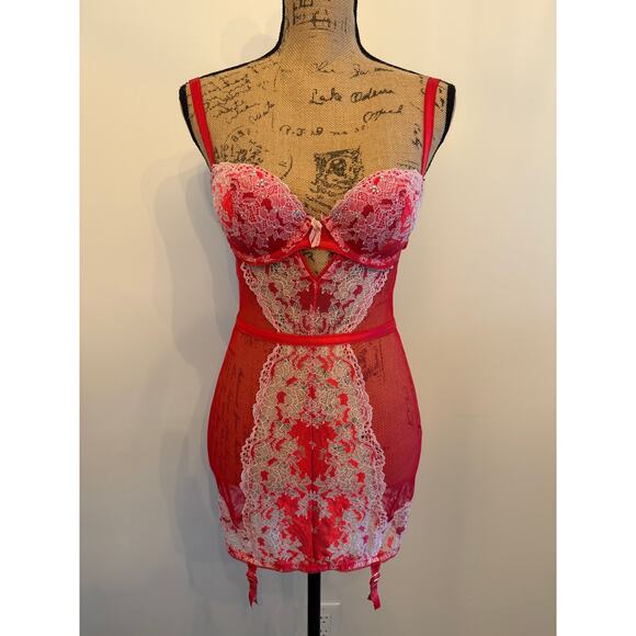 Victoria’s Secret Red Corset Lingerie Garter Straps Size 34B Push Up Bra - Picture 1 of 5